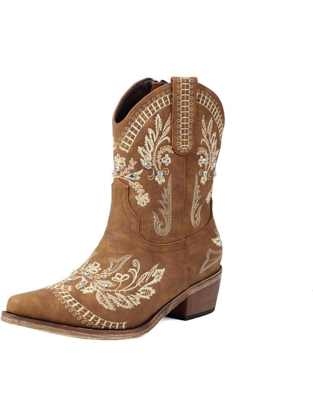 Women's Tan Polyurethane Pointed Toe Cowgirl Sparkly Rhinestone Fashion Boot